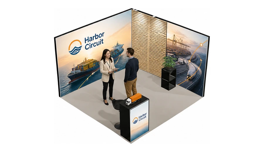 Stoisko 4 × 4 m narożne prawe dla branży logistyka i spedycja, przykładowa marka Harbor Circuit