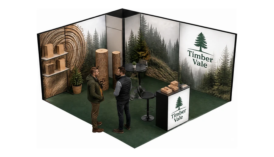 Stoisko 4 × 4 m narożne prawe dla branży leśnictwo i przemysł drzewny, przykładowa marka Timber Vale