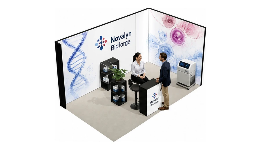 Stoisko 5 × 3 m narożne prawe dla branży farmacja i biotechnologia, przykładowa marka Novalyn Bioforge