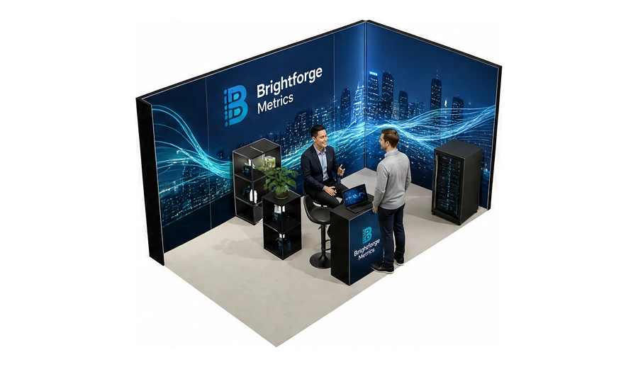 Stoisko 5 × 3 m narożne prawe dla branży sztuczna inteligencja i dane, przykładowa marka Brightforge Metrics