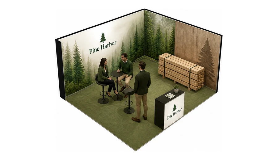 Stoisko 5 × 4 m narożne prawe dla branży leśnictwo i przemysł drzewny, przykładowa marka Pine Harbor