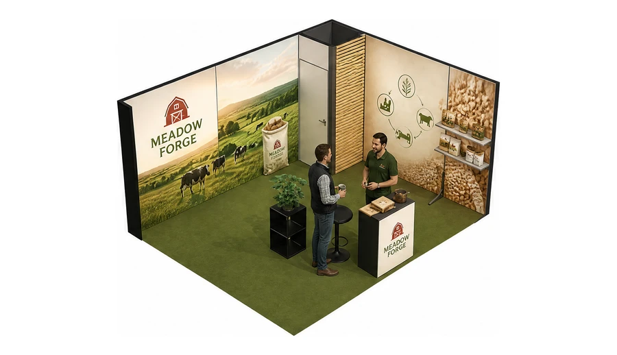 Stoisko 5 × 4 m narożne prawe dla branży hodowla i pasze, przykładowa marka Meadow Forge