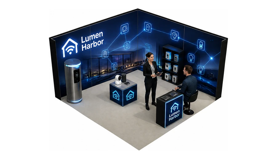 Stoisko 5 × 5 m narożne prawe dla branży smart home i IoT, przykładowa marka Lumen Harbor