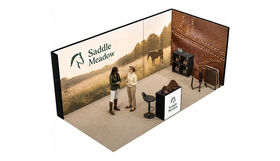 Stoisko 6 × 3 m narożne prawe dla branży jeździectwo, przykładowa marka Saddle Meadow