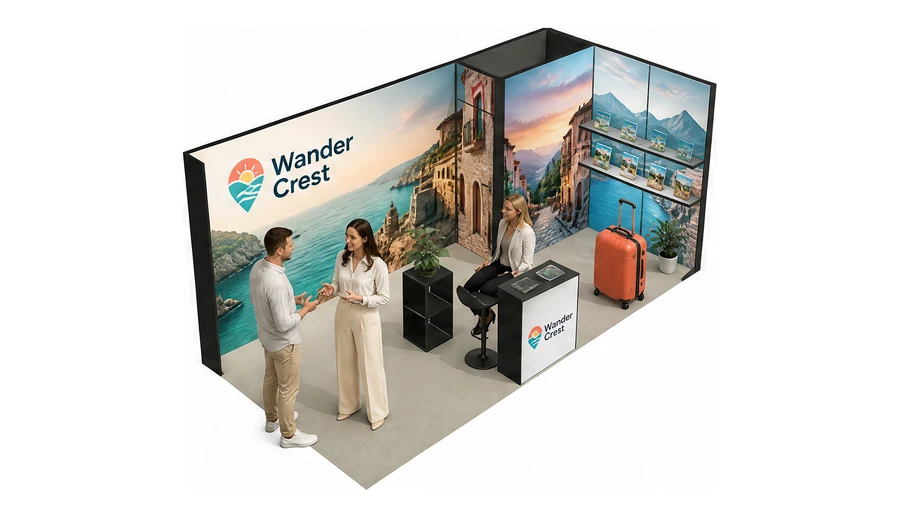 Stoisko 6 × 3 m narożne prawe dla branży biura podróży i regiony, przykładowa marka Wander Crest
