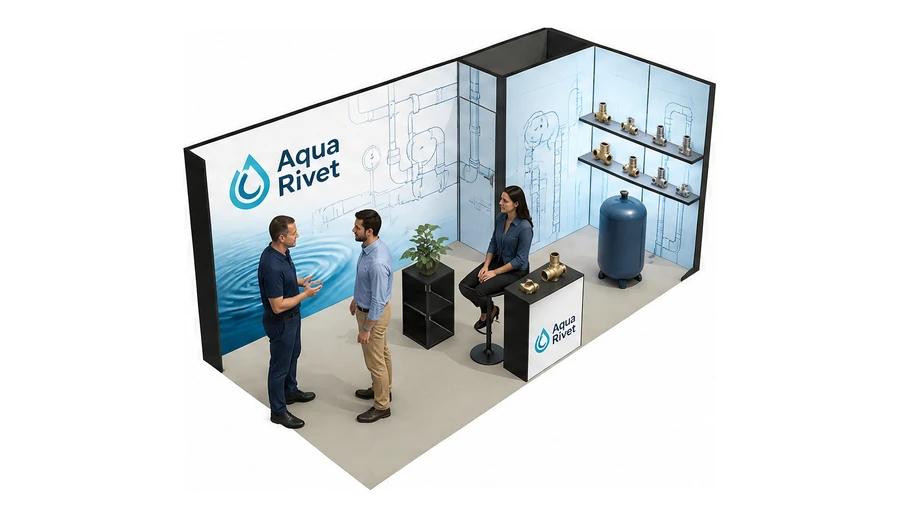Stoisko 6 × 3 m narożne prawe dla branży instalacje wodno-kanalizacyjne, przykładowa marka Aqua Rivet