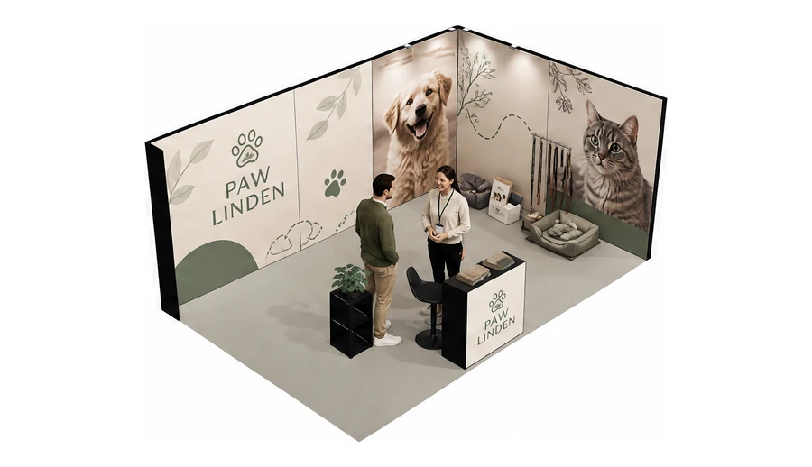 Stoisko 6 × 4 m narożne prawe dla branży akcesoria dla zwierząt, przykładowa marka Paw Linden