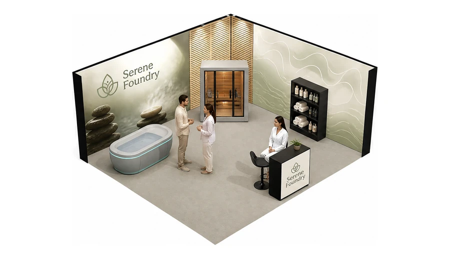 Stoisko 6 × 5 m narożne prawe dla branży spa i wellness, przykładowa marka Serene Foundry