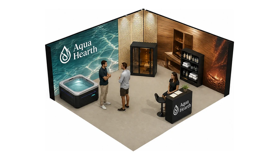 Stoisko 6 × 5 m narożne prawe dla branży baseny i sauny, przykładowa marka Aqua Hearth