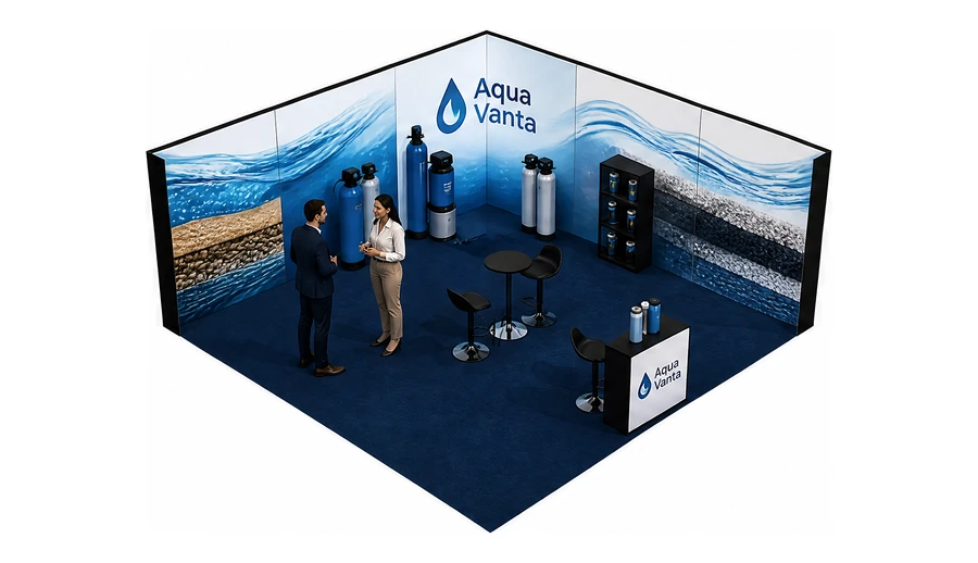 Stoisko 6 × 6 m narożne prawe dla branży technologie wodne, przykładowa marka Aqua Vanta