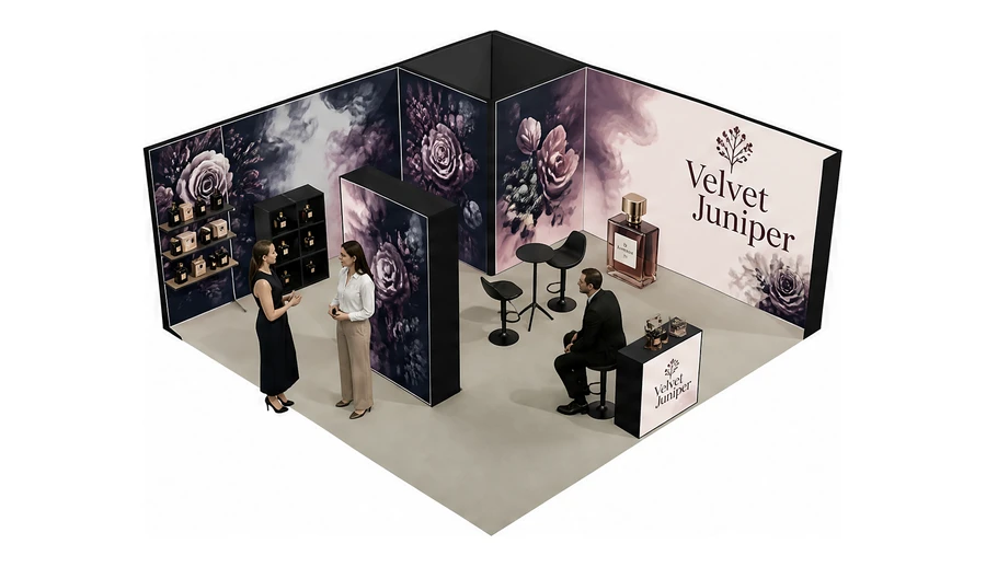 Stoisko 6 × 6 m narożne prawe dla branży perfumy, przykładowa marka Velvet Juniper