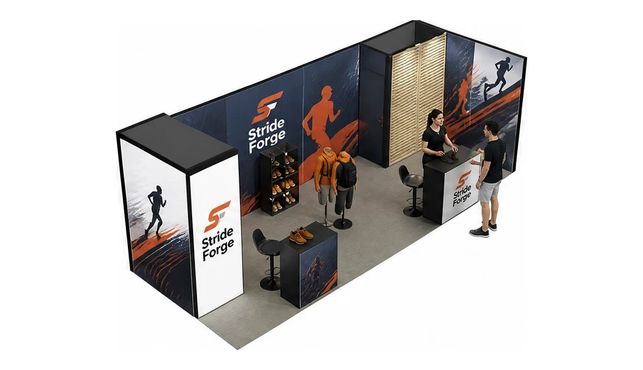 Stoisko 8 × 3 m narożne prawe dla branży sprzęt sportowy, przykładowa marka Stride Forge