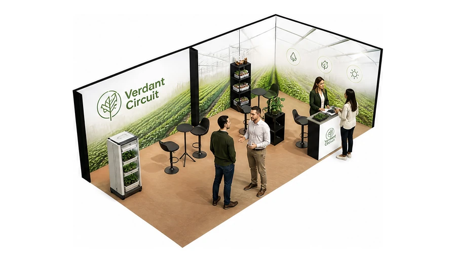 Stoisko 8 × 4 m narożne prawe dla branży sadownictwo i warzywnictwo, przykładowa marka Verdant Circuit