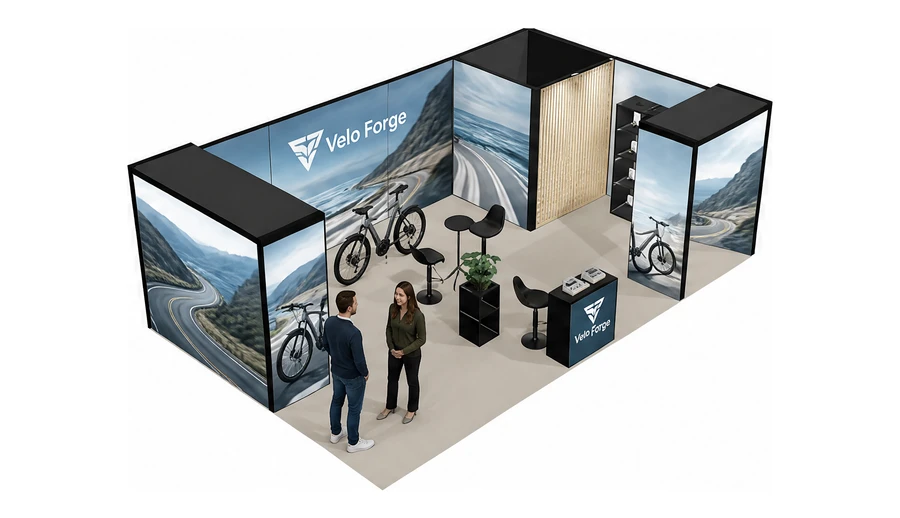 Stoisko 8 × 5 m narożne prawe dla branży rowery elektryczne, przykładowa marka Velo Forge