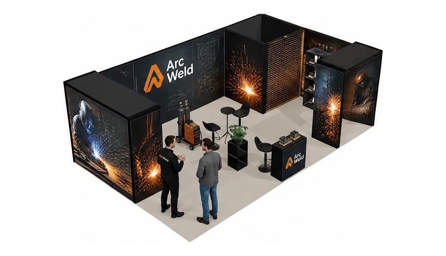 Stoisko 8 × 5 m narożne prawe dla branży spawalnictwo, przykładowa marka Arc Weld