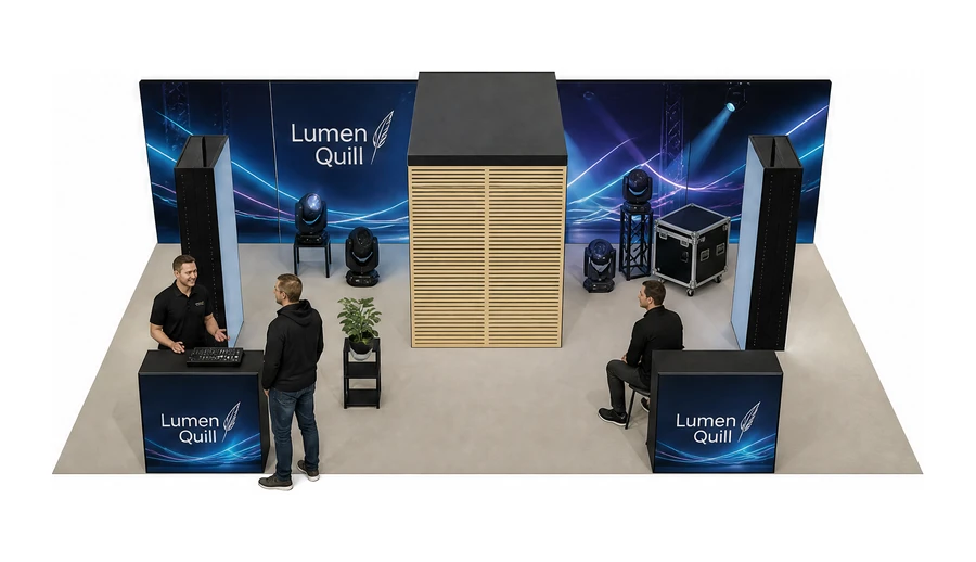 Stoisko 10 × 5 m półwyspowe dla branży branża eventowa, przykładowa marka Lumen Quill