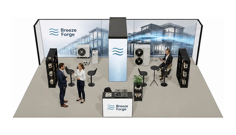 Stoisko 10 × 6 m półwyspowe dla branży wentylacja i klimatyzacja, przykładowa marka Breeze Forge