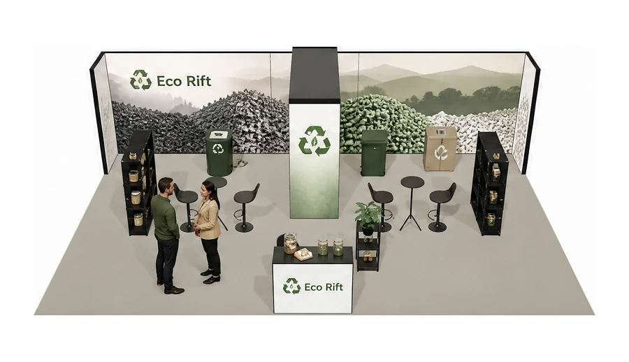 Stoisko 10 × 6 m półwyspowe dla branży recykling i ochrona środowiska, przykładowa marka Eco Rift