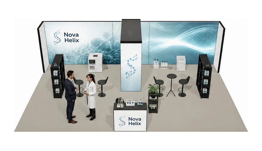 Stoisko 10 × 6 m półwyspowe dla branży farmacja i biotechnologia, przykładowa marka Nova Helix