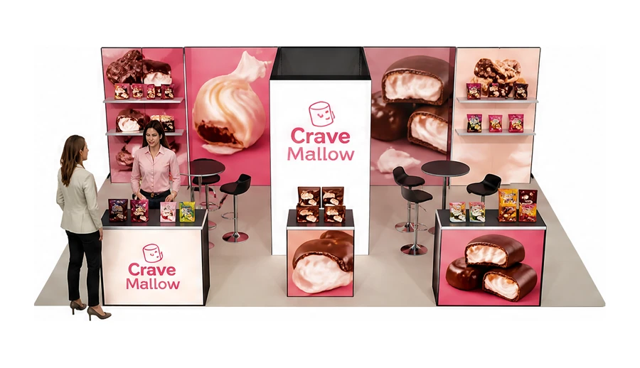 Stoisko 10 × 6 m półwyspowe dla branży słodycze i przekąski, przykładowa marka Crave Mallow