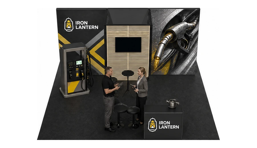Stoisko 6 × 6 m półwyspowe dla branży stacje paliw, przykładowa marka Iron Lantern