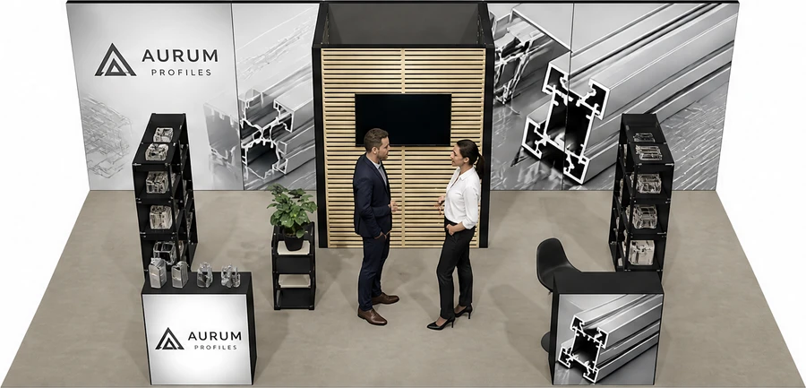 Stoisko 8 × 4 m półwyspowe dla branży profile aluminiowe, przykładowa marka Aurum Profiles