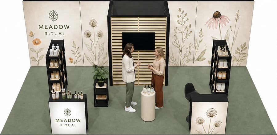 Stoisko 8 × 4 m półwyspowe dla branży kosmetyki naturalne, przykładowa marka Meadow Ritual