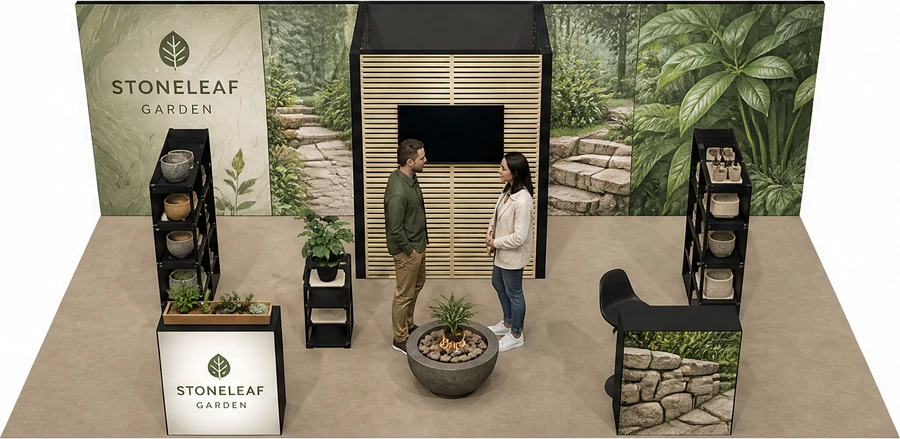 Stoisko 8 × 4 m półwyspowe dla branży ogród i architektura krajobrazu, przykładowa marka Stoneleaf Garden