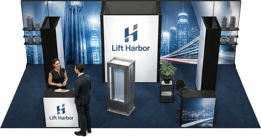 Stoisko 8 × 4 m półwyspowe dla branży dźwigi i windy, przykładowa marka Lift Harbor