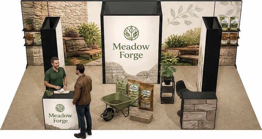 Stoisko 8 × 4 m półwyspowe dla branży ogród i architektura krajobrazu, przykładowa marka Meadow Forge