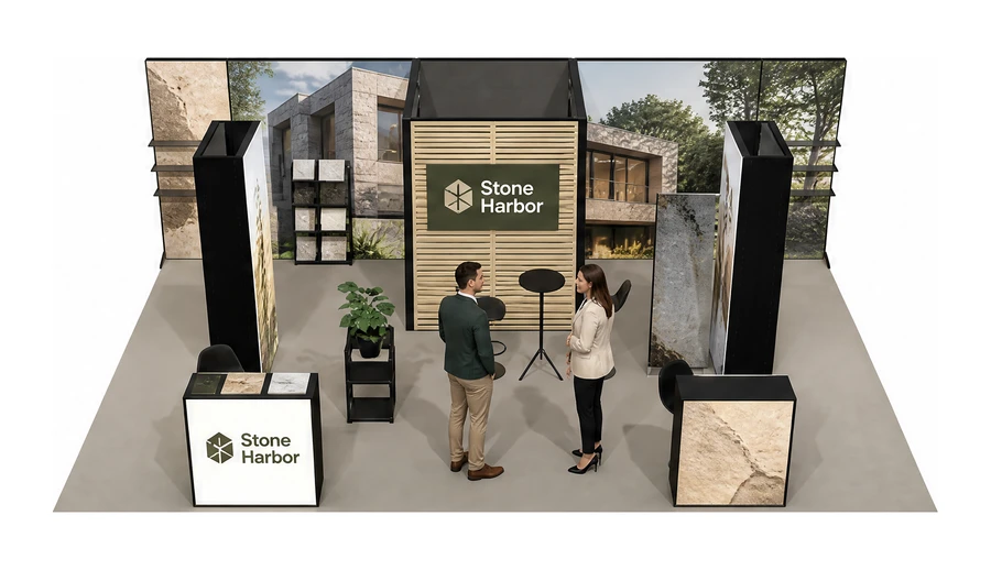 Stoisko 8 × 5 m półwyspowe dla branży materiały budowlane, przykładowa marka Stone Harbor