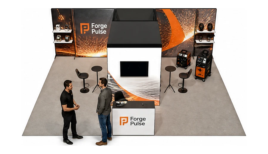 Stoisko 8 × 6 m półwyspowe dla branży spawalnictwo, przykładowa marka Forge Pulse