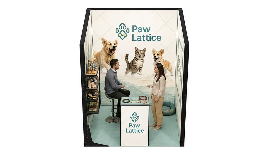 Stoisko 2 × 2 m szeregowe dla branży akcesoria dla zwierząt, przykładowa marka Paw Lattice