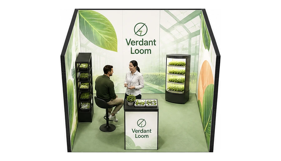 Stoisko 3 × 3 m szeregowe dla branży sadownictwo i warzywnictwo, przykładowa marka Verdant Loom