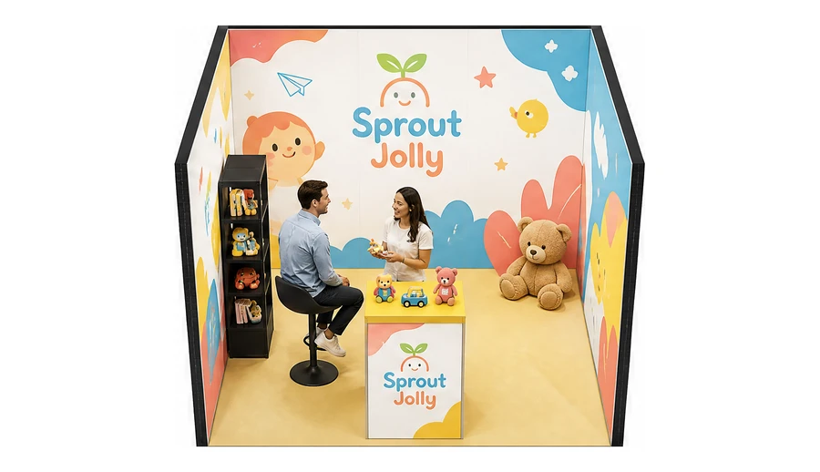 Stoisko 3 × 3 m szeregowe dla branży zabawki i artykuły dziecięce, przykładowa marka Sprout Jolly