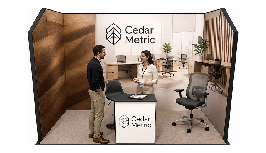 Stoisko 4 × 2 m szeregowe dla branży meble biurowe, przykładowa marka Cedar Metric