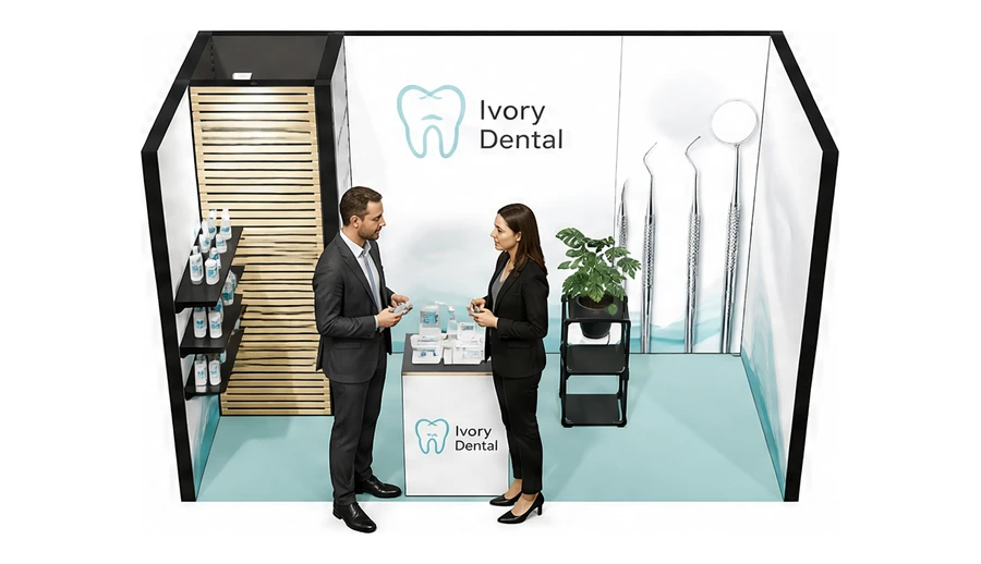 Stoisko 4 × 2 m szeregowe dla branży stomatologia, przykładowa marka Ivory Dental