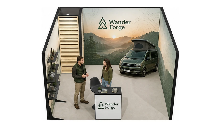 Stoisko 4 × 4 m szeregowe dla branży caravaning i kampery, przykładowa marka Wander Forge