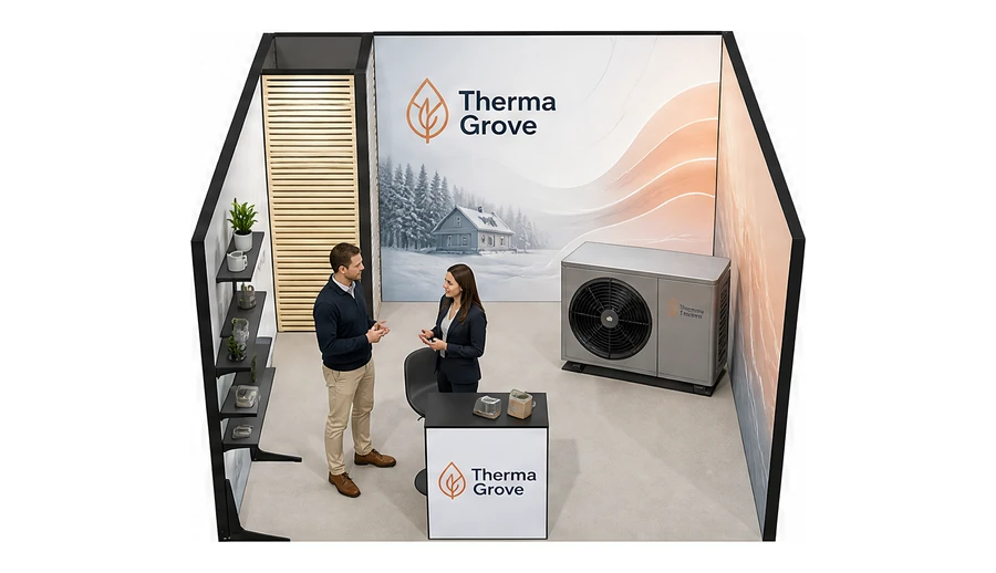 Stoisko 4 × 4 m szeregowe dla branży pompy ciepła i ogrzewanie, przykładowa marka Therma Grove