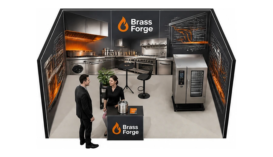 Stoisko 5 × 4 m szeregowe dla branży wyposażenie gastronomii, przykładowa marka Brass Forge