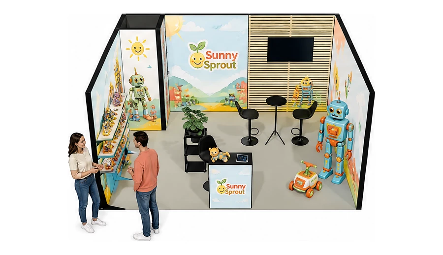 Stoisko 5 × 4 m szeregowe dla branży zabawki i artykuły dziecięce, przykładowa marka Sunny Sprout