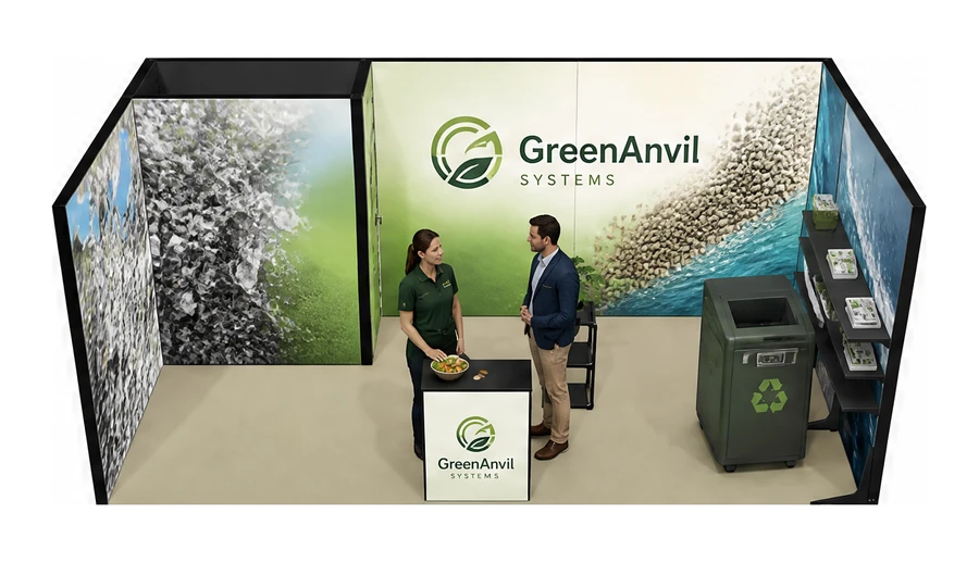 Stoisko 6 × 3 m szeregowe dla branży recykling i ochrona środowiska, przykładowa marka GreenAnvil Systems