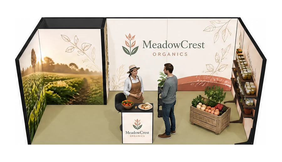 Stoisko 6 × 3 m szeregowe dla branży żywność ekologiczna, przykładowa marka MeadowCrest Organics