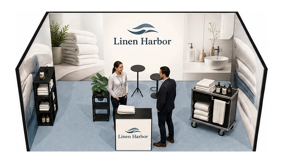 Stoisko 6 × 4 m szeregowe dla branży wyposażenie hoteli, przykładowa marka Linen Harbor