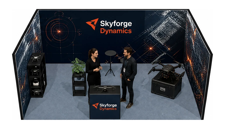 Stoisko 6 × 4 m szeregowe dla branży drony i robotyka, przykładowa marka Skyforge Dynamics