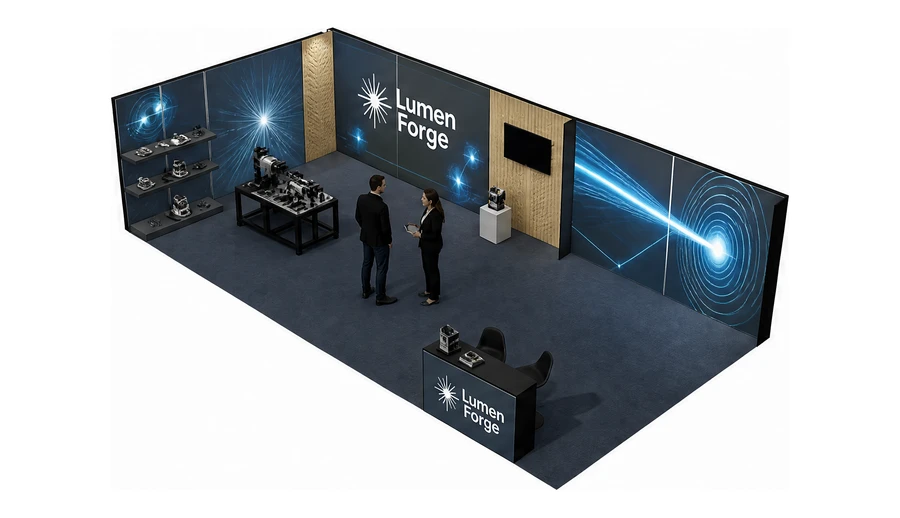 Stoisko 10 × 5 m narożne lewe dla branży technika laserowa i fotonika, przykładowa marka Lumen Forge