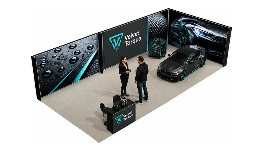 Stoisko 10 × 5 m narożne prawe dla branży tuning i detailing, przykładowa marka Velvet Torque