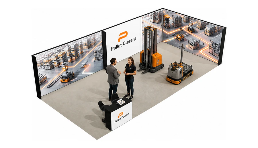 Stoisko 10 × 5 m narożne prawe dla branży intralogistyka i magazyn, przykładowa marka Pallet Current