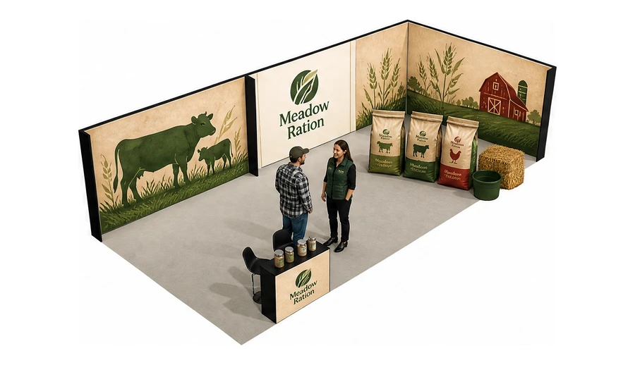 Stoisko 10 × 5 m narożne prawe dla branży hodowla i pasze, przykładowa marka Meadow Ration