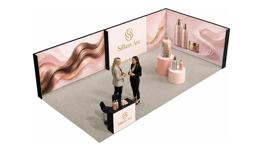 Stoisko 10 × 5 m narożne prawe dla branży fryzjerstwo i salony beauty, przykładowa marka Silken Arc